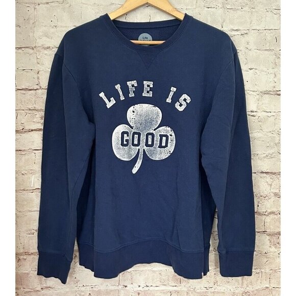 Life Is Good Pullover Sweatshirt Mens Large Classic Fit Navy Blue Clover Leaf - Picture 1 of 3